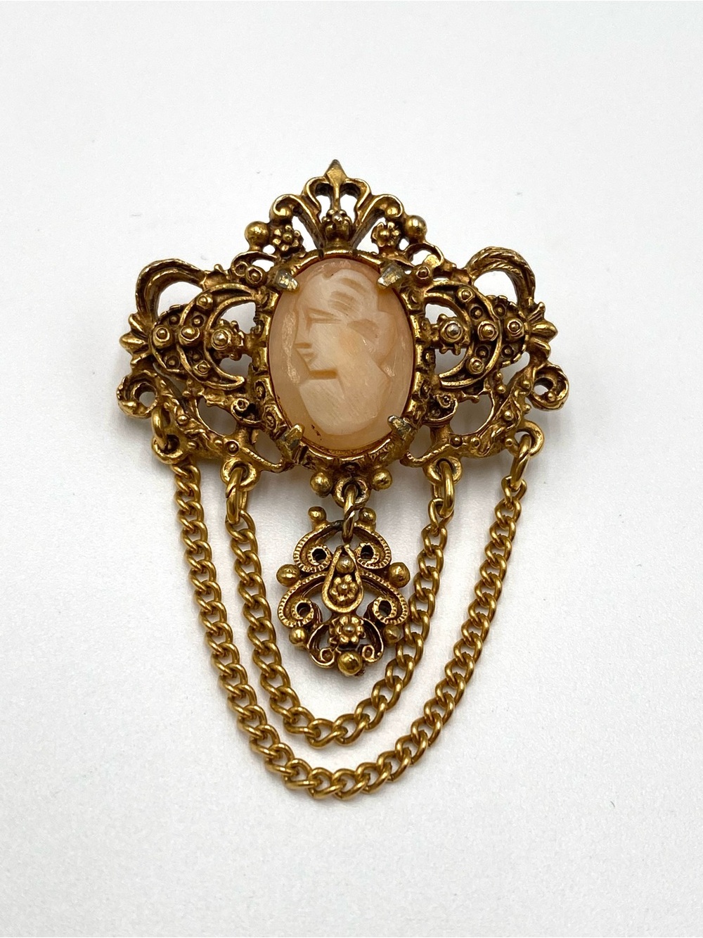 Florenza Cameo Brooch Carved Shell Gold Tone Vintage Pin